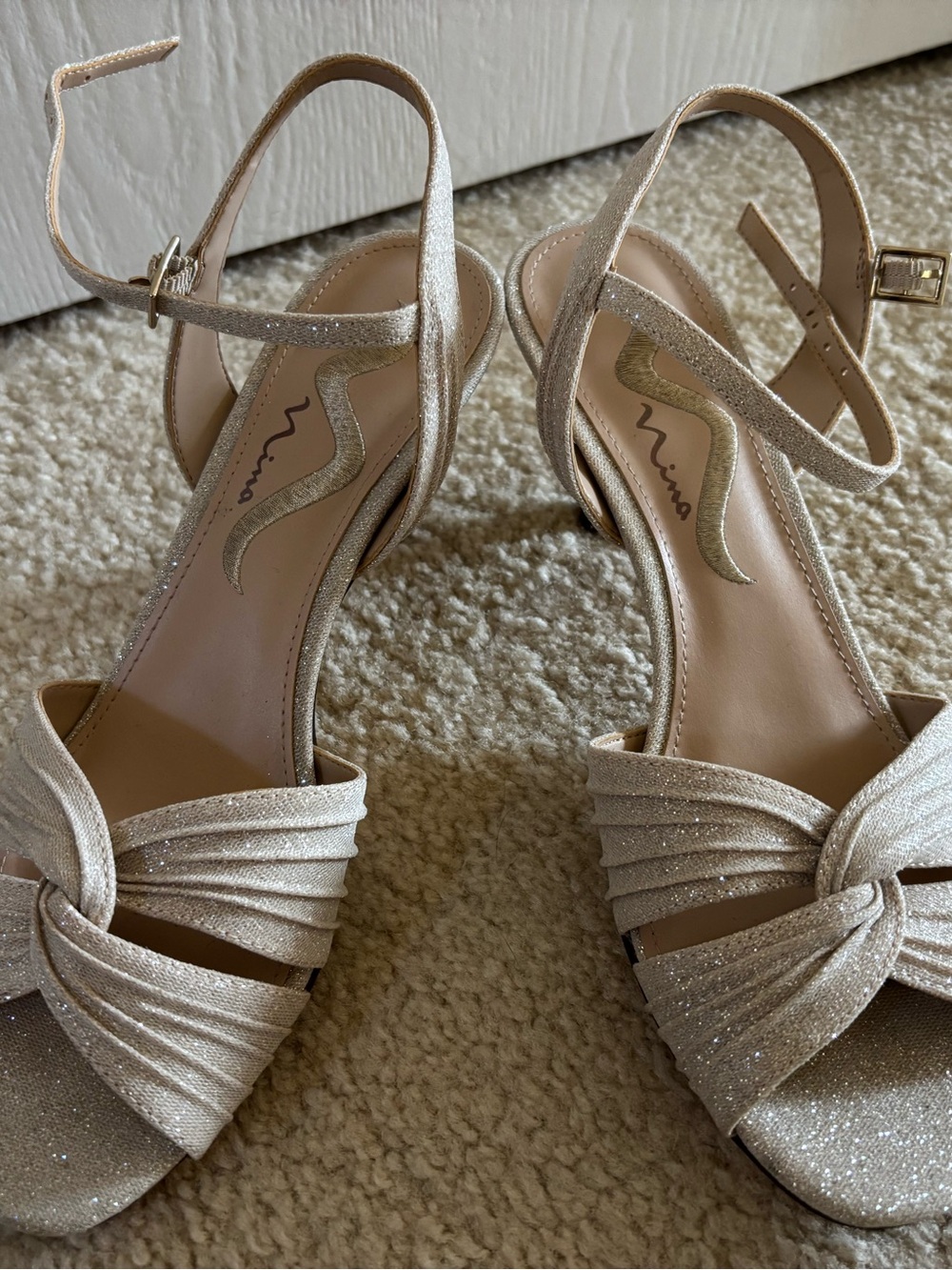 Nina Gold Glitter Knot Front Ankle-Strap Heels